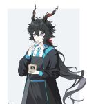  1boy animal_ears apron arknights black_apron black_coat black_hair blue_necktie border bow coat collared_shirt cup eating ebenholz_(arknights) frown goat_boy goat_ears goat_horns grey_background hair_bow highres holding holding_cup holding_spoon horns long_hair looking_at_viewer male_focus necktie red_bow rhodes_island_logo_(arknights) rio_(rio773) shirt simple_background solo spoon twitter_username upper_body utensil_in_mouth very_long_hair violet_eyes white_shirt 