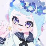  1girl blue_hair braid candy commentary_request food head_wreath highres holding holding_candy holding_food inkling inkling_girl long_hair nanimonaku71 open_mouth sailor_collar sailor_shirt shirt simple_background solo splatoon_(series) splatoon_3 star_(symbol) symbol-shaped_pupils teeth upper_body violet_eyes white_background 