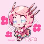  1girl alisa_boskonovich blue_eyes character_name chibi drill_hair eyelashes full_body gloves hair_ornament kotorai looking_ahead no_nose own_hands_clasped own_hands_together pink_background pink_hair pink_shirt pink_skirt shirt side_drill signature skirt solo star_(symbol) star_in_eye symbol_in_eye tekken white_gloves 