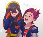  1boy 1girl black_hair blue_jacket buttons carmine_(pokemon) chiimako colored_inner_hair crossed_bangs crying crying_with_eyes_open gloves hair_between_eyes hairband jacket kieran_(pokemon) long_hair long_sleeves mole mole_on_neck mole_under_eye multicolored_hair pokemon pokemon_sv redhead scene_reference shirt tears two-tone_hair wiping_tears yellow_eyes yellow_hairband 