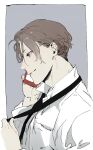  1boy black_necktie border brown_eyes brown_hair cellphone collared_shirt commentary_request from_side grey_background hatching_(texture) holding holding_necktie holding_phone joker_game light_smile linear_hatching long_sleeves looking_down male_focus messy_hair miyoshi_(joker_game) necktie outside_border parted_lips phone profile shi646 shirt short_hair simple_background smartphone solo talking_on_phone undressing upper_body white_border white_shirt 
