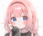  1girl black_headband black_sweater blue_eyes blush double-parted_bangs hand_on_own_cheek hand_on_own_face headband long_hair long_sleeves m_ydayo nijisanji pink_hair simple_background solo suo_sango sweater virtual_youtuber white_background 