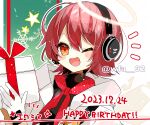  1girl alternate_costume arknights box commentary_request dated exusiai_(arknights) gift gift_box halo happy_birthday headphones holding holding_gift itsuki_02 one_eye_closed open_mouth red_eyes redhead short_hair solo upper_body yellow_halo 