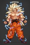  1boy abs absurdres aura blonde_hair boots clenched_hand closed_mouth collarbone dougi dragon_ball dragon_ball_z facing_viewer full_body furrowed_brow green_eyes guillem_dauden halo highres large_pectorals lightning long_hair male_focus muscular muscular_male no_eyebrows orange_pants pants pectorals sash solo son_goku spiky_hair super_saiyan super_saiyan_3 topless_male torn_clothes torn_pants veins very_long_hair 