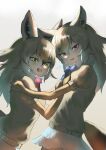  2girls african_golden_wolf_(kemono_friends) animal_ears blonde_hair bow bowtie cardigan elbow_gloves extra_ears gaga_(gamerakero) gloves golden_jackal_(kemono_friends) highres kemono_friends long_hair looking_at_viewer multiple_girls red_eyes simple_background skirt tail wolf_ears wolf_girl wolf_tail yellow_eyes 
