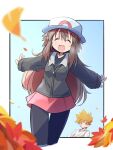  1boy 1girl autumn_leaves black_pantyhose black_shirt blue_oak border borrowed_clothes brown_eyes brown_hair closed_eyes closed_mouth facing_viewer ginkgo_leaf grey_jacket highres jacket leaf leaf_(pokemon) long_sleeves open_mouth outstretched_arms pantyhose pokemon pokemon_frlg rascal_(feuille) red_skirt shirt skirt smile spread_arms white_border white_headwear 