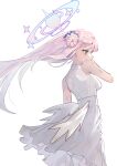  1girl angel_wings bare_shoulders blue_archive dress flower frilled_dress frills h1ran0o0 hair_bun hair_flower hair_ornament halo high-waist_skirt highres long_hair low_wings medium_dress mika_(blue_archive) overskirt pink_hair pink_halo side_up_bun simple_background single_side_bun skirt sleeveless sleeveless_dress solo very_long_hair white_background white_dress white_skirt white_wings wings yellow_eyes 