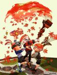  3boys absurdres artist_name autumn_leaves black_pants black_shorts closed_eyes commentary_request goggles goggles_on_head gun highres holding holding_gun holding_weapon inkling inkling_boy multiple_boys octobrush_(splatoon) octoling octoling_boy open_mouth paint pants pointy_ears redhead short_hair shorts smile splatoon_(series) splatoon_3 splattershot_jr_(splatoon) standing teeth tentacle_hair twitter_username weapon white_background yoruikakun 