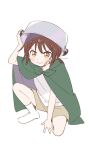  1girl aged_down arm_up bandaid bandaid_on_cheek bandaid_on_face brown_eyes brown_hair cooking_pot funami_yui green_robe hand_on_floor highres holding_cooking_pot namori on_one_knee ponytail pot_on_head robe shirt short_sleeves shorts socks tomboy v-shaped_eyebrows white_shirt white_socks yuru_yuri 