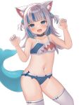  1girl :d animal_ears bikini black_choker blue_bikini blue_bow blue_eyes blue_hair blunt_bangs blush bow bow_bikini cat_ears choker claw_pose contrapposto fins fish_tail flat_chest gawr_gura grey_hair hair_ornament highres hololive hololive_english looking_at_viewer medium_hair multicolored_hair nail_polish navel nekopurin_(nyanko_prin) open_mouth shark_hair_ornament shark_print shark_tail sharp_teeth simple_background smile solo streaked_hair swimsuit tail teeth thigh-highs thighs two-tone_hair two_side_up upper_teeth_only virtual_youtuber white_background white_thighhighs 
