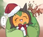  1other :d box christmas closed_eyes commentary_request fangs gift gift_box hat highres holding holding_gift musical_note ogerpon open_mouth pokemon pokemon_(creature) red_headwear red_ribbon ribbon santa_hat shirokuro_ookami smile speech_bubble spikes tongue translation_request 