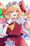  1girl absurdres ascot blonde_hair crystal_wings fang flandre_scarlet hat hat_ribbon highres mob_cap open_mouth puffy_short_sleeves puffy_sleeves red_eyes red_ribbon red_skirt red_vest ribbon shirt short_sleeves skirt skirt_set solo touhou usushio vest white_shirt wrist_cuffs yellow_ascot 