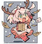  +_+ 1girl ahoge antlers aqua_eyes blush boots bracelet chibi collar deer_antlers dress elphelt_valentine frilled_dress frills guilty_gear guilty_gear_strive hairband huge_ahoge itsuka_neru jacket jewelry long_sleeves open_mouth paper paper_stack pink_dress pink_footwear pink_hairband pink_jacket short_hair smile spiked_bracelet spiked_collar spiked_hairband spikes thigh_boots two-tone_dress white_dress white_hair 