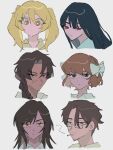  2boys 4girls absurdres alternate_hair_length alternate_hairstyle blonde_hair braid brown_eyes brown_hair closed_mouth don_quixote_(project_moon) facial_hair gregor_(project_moon) heathcliff_(project_moon) highres ishmael_(project_moon) limbus_company long_hair looking_at_viewer meisenlcb multiple_boys multiple_girls orange_hair outis_(project_moon) portrait project_moon red_eyes ryoshu_(project_moon) short_hair smile stubble twintails very_long_hair yellow_eyes 