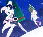  3girls animal_ear_fluff animal_ears black_jacket blonde_hair carrying christmas_tree commentary cropped_jacket dog_ears dog_girl dog_tail dress dutch_angle english_commentary fishnet_thighhighs fishnets fuwawa_abyssgard hand_in_pocket highres hololive hololive_english inugami_korone inugami_korone_(1st_costume) jacket looking_at_another ludokano meme mococo_abyssgard multiple_girls night night_sky oh?_you&#039;re_approaching_me?_(meme) outdoors piggyback pink_socks shoes shorts siblings single_thighhigh sisters sky sneakers snow socks tail thigh-highs virtual_youtuber white_dress white_footwear white_shorts yellow_jacket 