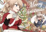  3girls animal_costume antlers bell blonde_hair blue_eyes blush boko_(girls_und_panzer) book bow bowtie candle capelet christmas christmas_ornaments christmas_tree commentary cup cursive darjeeling_(girls_und_panzer) dress dress_shirt earrings ehirorotoon english_text fake_antlers frown fur-trimmed_capelet fur_trim gift girls_und_panzer grey_hair grey_shirt highres holding holding_cup holding_sack holding_saucer holding_teapot indoors itsumi_erika jacket jewelry kuromorimine_school_uniform long_sleeves looking_at_another medium_hair merry_christmas multiple_girls neck_bell night open_mouth over_shoulder pinky_out red_capelet red_dress red_jacket reindeer_antlers reindeer_costume sack santa_dress saucer school_uniform shirt short_hair sitting smile sparkle st._gloriana&#039;s_military_uniform star_(symbol) table teacup teapot wreath yellow_bow yellow_bowtie 