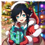  1boy absurdres aqua_eyes black_hair blue_hair braid capelet christmas christmas_tree genshin_impact gift gloves gradient_hair hat highres holding holding_gift jacket lkari_shi long_sleeves looking_at_viewer male_focus merry_christmas multicolored_hair open_mouth red_capelet red_gloves red_jacket red_shirt santa_costume santa_hat shirt smile solo twin_braids venti_(genshin_impact) 