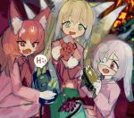  3girls absurdres animal_ear_fluff animal_ears arknights blonde_hair christmas christmas_present commentary_request eyepatch fox_ears fox_girl fox_tail gift green_eyes hame_ana_zpoo highres holding kitsune kyuubi metal_crab_(arknights) multiple_girls multiple_tails open_mouth popukar_(arknights) red_eyes redhead shamare_(arknights) suzuran_(arknights) tail 