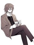 1boy ashlynx410 closed_mouth collared_shirt cup harada_mutei highres holding holding_cup holding_saucer invisible_chair jacket limited_palette long_sleeves male_focus open_clothes open_jacket pants red_eyes saibou_shinkyoku saucer shirt simple_background sitting solo teacup vest white_background 