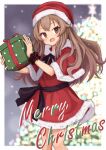  1girl blush box brown_eyes brown_hair capelet christmas commentary_request dress feet_out_of_frame fur-trimmed_capelet fur-trimmed_dress fur-trimmed_headwear fur_trim gift gift_box hat highres holding holding_gift kasago_(wnfj2383) long_hair looking_at_viewer merry_christmas open_mouth original red_capelet red_dress red_headwear santa_costume santa_hat scrunchie short_dress solo wrist_scrunchie 