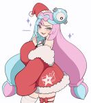  1girl absurdres artist_name bare_shoulders blue_hair bow-shaped_hair character_hair_ornament cremanata detached_sleeves dress fur_trim hair_ornament highres iono_(pokemon) long_hair looking_at_viewer multicolored_hair pink_eyes pink_hair pokemon pokemon_sv santa_dress sharp_teeth single_thighhigh sleeves_past_fingers sleeves_past_wrists smile solo teeth thigh-highs twintails two-tone_hair upper_teeth_only very_long_hair white_background 