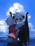  1boy 1girl artist_name black_clover black_sclera blue_sky clouds colored_sclera demon_boy demon_wings grey_hair highres hug licita_(black_clover) liebe_(black_clover) looking_at_viewer mother_and_son ocean poonwip red_pupils sky white_hair wings 