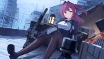  1girl angel_ina ar-15 black_gloves black_jacket black_pantyhose breasts city flashlight gloves gun heterochromia highres jacket looking_at_viewer optical_sight original pantyhose purple_hair rifle smile solo suppressor violet_eyes weapon yellow_eyes 