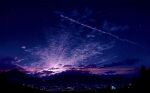  city_lights clouds commentary_request contrail highres mountainous_horizon no_humans original orval scenery shooting_star sky star_(sky) starry_sky sunset 