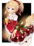  1girl back_bow blonde_hair blush bow box breasts dress frilled_dress frills fur-trimmed_dress fur_trim gift gift_box gold_ribbon green_bow hair_ribbon harpy highres holding holding_gift indie_virtual_youtuber mavia_(vtuber) monster_girl open_mouth pom_pom_(clothes) ponytail red_dress red_ribbon ribbon second-party_source snowflake_print solo sorani_(kaeru0768) two-tone_bow two-tone_ribbon violet_eyes virtual_youtuber yellow_wings 