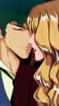  absurdres blonde_hair couple cowboy_bebop curly_hair green_hair highres julia julia_(cowboy_bebop) lucyguusi necktie spike_spiegel sweater turtleneck turtleneck_sweater 