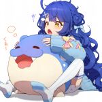  1girl absurdres ahoge amamiya_kokoro blue_cardigan blue_hair cardigan cloud_hair_ornament hair_ornament highres long_hair lunch_boxer nijisanji no_shoes open_mouth pokemon simple_background solo spheal thigh-highs very_long_hair virtual_youtuber white_background white_thighhighs x_hair_ornament yellow_eyes 