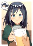  1girl 1other beer_mug black_hair blue_eyes brown_dress cup dress drinking_glass green_sweater hair_down highres kantai_collection master_(momitai7) medium_hair mug official_alternate_costume official_alternate_hairstyle pov smile souryuu_(kancolle) sweater toasting_(gesture) upper_body 