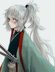  1girl androgynous aqua_kimono blush closed_mouth commentary_request fate/samurai_remnant fate_(series) green_eyes grey_hair highres japanese_clothes katana kimono long_hair looking_at_viewer ponytail signature simple_background solo sword very_long_hair weapon white_background wide_sleeves yui_shousetsu_(fate) yumeko_(fgo39625963) 
