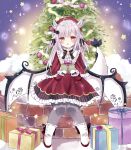  ahoge alternate_costume beret blurry blurry_background blush box christmas_tree commentary double_bun dragon_tail dragon_wings gift gift_box gloves grey_hair hair_bun hair_ornament hat highres holding holding_gift indie_virtual_youtuber kamuri_amuru long_hair looking_at_viewer open_mouth pantyhose red_eyes ribbon santa_costume shoes simple_background sitting snow tail tree virtual_youtuber wings 