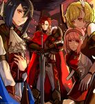  2boys 2girls alcryst_(fire_emblem) armor ascot asymmetrical_armor asymmetrical_hair bare_shoulders blonde_hair blue_hair body_armor braid breastplate breasts brothers brown_dress cape cinders citrinne_(fire_emblem) closed_mouth cousins diamant_(fire_emblem) dress feather_hair_ornament feathers fire_emblem fire_emblem_engage fur_trim gauntlets gloves gold_choker grey_hairband hair_between_eyes hair_ornament hair_ribbon hairband hairclip high_collar highres holding holding_sword holding_weapon knee_guards lapis_(fire_emblem) leather_wrist_straps long_sleeves looking_at_viewer multiple_boys multiple_girls pink_eyes pink_hair red_armor red_cape red_eyes red_hairband redhead ribbon shidanna1227 short_hair shoulder_armor siblings side_braid smile sword twitter_username two-tone_hairband weapon white_ascot white_ribbon wing_hair_ornament 