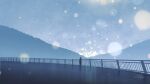  1girl absurdres clouds cloudy_sky coat dated full_body highres mountain nothingblues_yuki original outdoors railing reflective_floor signature sky solo standing 