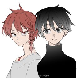  2boys black_eyes black_hair black_sweater braid closed_mouth expressionless facing_viewer grey_background grey_eyes grey_shirt looking_at_another looking_at_viewer maeno_aki male_focus multiple_boys red_tank_top redhead shirt short_hair simple_background smile sweater tank_top tsugino_haru turtleneck turtleneck_sweater twitter_username wis_(actualfkingvoid) zeno_(game) 