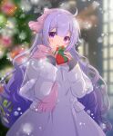  1girl azur_lane blurry blurry_background bow box capelet christmas christmas_ornaments christmas_tree coat commentary_request depth_of_field fringe_trim fur-trimmed_capelet fur_trim gift gift_box grey_capelet grey_sweater hair_between_eyes hairband hands_up highres holding holding_gift long_hair long_sleeves looking_at_viewer outdoors pink_bow pink_hairband pink_scarf puffy_long_sleeves puffy_sleeves purple_hair scarf sleeves_past_wrists snowing solo sukireto sweater unicorn_(azur_lane) very_long_hair violet_eyes white_coat 