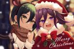  2boys :d ahoge alternate_costume bell black_hair blush bow bowtie brown_eyes brown_scarf danganronpa_(series) danganronpa_v3:_killing_harmony frown fur-trimmed_headwear fur_trim hand_up hat highres long_sleeves merry_christmas multiple_boys neck_bell oma_kokichi plaid plaid_scarf red_bow red_bowtie saihara_shuichi santa_hat scarf short_hair smile teeth upper_teeth_only urami0310 