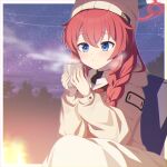  1girl blue_archive blue_eyes blush braid closed_mouth commentary_request eko halo highres jacket long_hair long_sleeves maki_(blue_archive) official_alternate_costume puffy_long_sleeves puffy_sleeves red_halo redhead side_braid single_braid sitting solo white_headwear white_jacket 