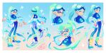  1girl black_pants blue_background border closed_mouth english_commentary goggles goggles_on_head gradient_background highres inkling inkling_girl long_hair midriff multiple_views one_eye_closed pants pink_background pointy_ears see-through_shawl shawl smile sparkling_eyes splatoon_(series) splatoon_3 standing teeth tentacle_hair tokkibada white_border 