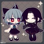  2girls artist_name black_bow black_dress black_footwear black_gloves black_skirt black_thighhighs blue_border blue_bow blue_hair border bow bright_pupils chibi closed_eyes collared_shirt colored_skin commission commissioner_name cross cross_earrings dress earrings funamusea_(artist) gloves grey_background hair_bow hair_intakes jewelry mole mole_under_eye multiple_girls open_mouth original patterned_background pleated_skirt red_eyes shirt short_hair skeb_commission skirt smile thigh-highs white_pupils white_shirt white_skin 