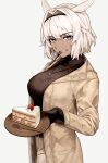  1girl alternate_costume animal_ears black_gloves black_sweater blue_eyes breasts brown_jacket caenis_(fate) caenis_(octo_nautica)_(fate) cake cake_slice commentary_request dark-skinned_female dark_skin fate/grand_order fate_(series) food fork gloves grey_background grin hair_intakes highres holding holding_plate jacket jewelry large_breasts long_sleeves looking_at_viewer necklace open_clothes open_jacket plate short_hair simple_background smile solo sumi_(gfgf_045) sweater turtleneck turtleneck_sweater utensil_in_mouth white_hair 