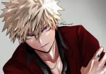  1boy absurdres bakugou_katsuki black_shirt blonde_hair boku_no_hero_academia esora-arts gradient_background grey_background highres jacket jewelry looking_at_viewer male_focus necklace red_eyes red_jacket ring shirt short_hair solo spiky_hair 