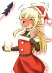  +++ 1girl ahoge alcohol beer belt blonde_hair blush broken_horn chicken_leg christmas closed_eyes demon_tail drooling drunk fang fur_trim hat highres horns lilith_(machikado_mazoku) long_hair machikado_mazoku pointy_ears santa_costume santa_hat skin_fang solo tail tomotsu_mark2 white_background 