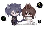  2boys ? animal_ears beihaiseven black_eyes blue_hair capelet cat_boy cat_ears cat_tail chibi gold_trim hair_between_eyes holding holding_pillow hood hood_down hooded_robe isoi_haruki kemonomimi_mode long_sleeves medium_hair multiple_boys no_mouth no_nose pants pillow purple_robe rabbit_boy rabbit_ears red_eyes red_pants robe saibou_shinkyoku solo spoken_lightning_bolt spoken_question_mark spoken_symbol stole tail tail_grab teardrop utsugi_noriyuki white_capelet 