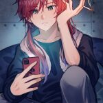  1boy black_shirt cellphone cigarette colored_tips gradient_hair grey_eyes grey_pants hair_down highres holding holding_cigarette holding_phone huura0429 lauren_iroas male_focus multicolored_hair nijisanji pants phone redhead shirt smartphone solo towel towel_around_neck virtual_youtuber wet 