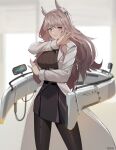  1girl absurdres artist_name black_pantyhose black_skirt breasts brown_eyes brown_hair brown_sweater coat commentary gar32 girls&#039;_frontline_neural_cloud girls_frontline highres long_hair long_sleeves looking_at_viewer pantyhose persicaria_(neural_cloud) skirt smile solo steins;gate sweater symbol-only_commentary white_background white_coat 