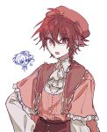  1boy absurdres alternate_costume beret braid cape corset grey_background hat highres maeno_aki male_focus mogaji pink_shirt red_cape red_corset red_eyes red_headwear redhead shirt short_hair simple_background sketch solo tsugino_haru zeno_(game) 