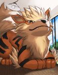  absurdres animal_focus arcanine black_eyes blue_sky ceiling_light closed_mouth clouds commentary_request fangs glass_door highres indoors jira_(ziraiya26) looking_at_viewer mane no_humans orange_fur pokemon pokemon_(creature) sky snout 